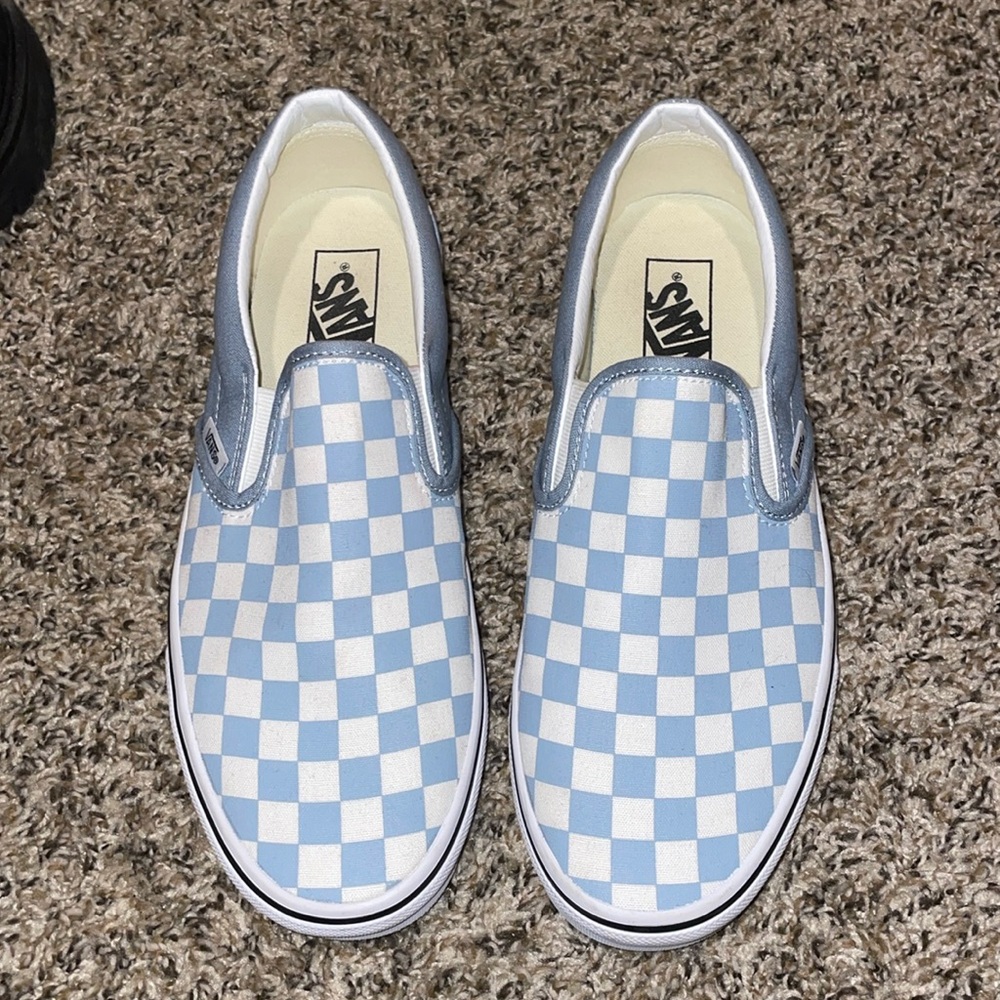 Light blue and white checkered vans shoes
